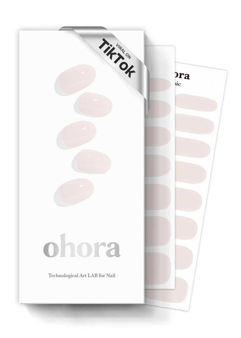 ohora Semi Cured Gel Nail Strips (N Cream Light) - Nude, Solid, Works with Any UV/LED Lamps, Salon-Quality, Long Lasting, Easy to Apply & Remove - Includes 2 Prep Pads, Nail File & Wooden Stick