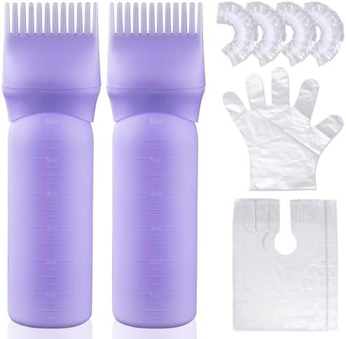 Pack of 5, Wowang Hair Oil Applicator 2 Pack 6 Ounce Leak Proof Root Comb Bottle with 12-Tooth Comb for Hair Dye & Oil, Graduated Scale (Purple)