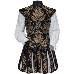 Willyacos Renaissance Tudor Costume - Men's Elizabethan Era Prince Tudor King Doublet & Vest with Pumpkin Pants (Small, Black Golden)