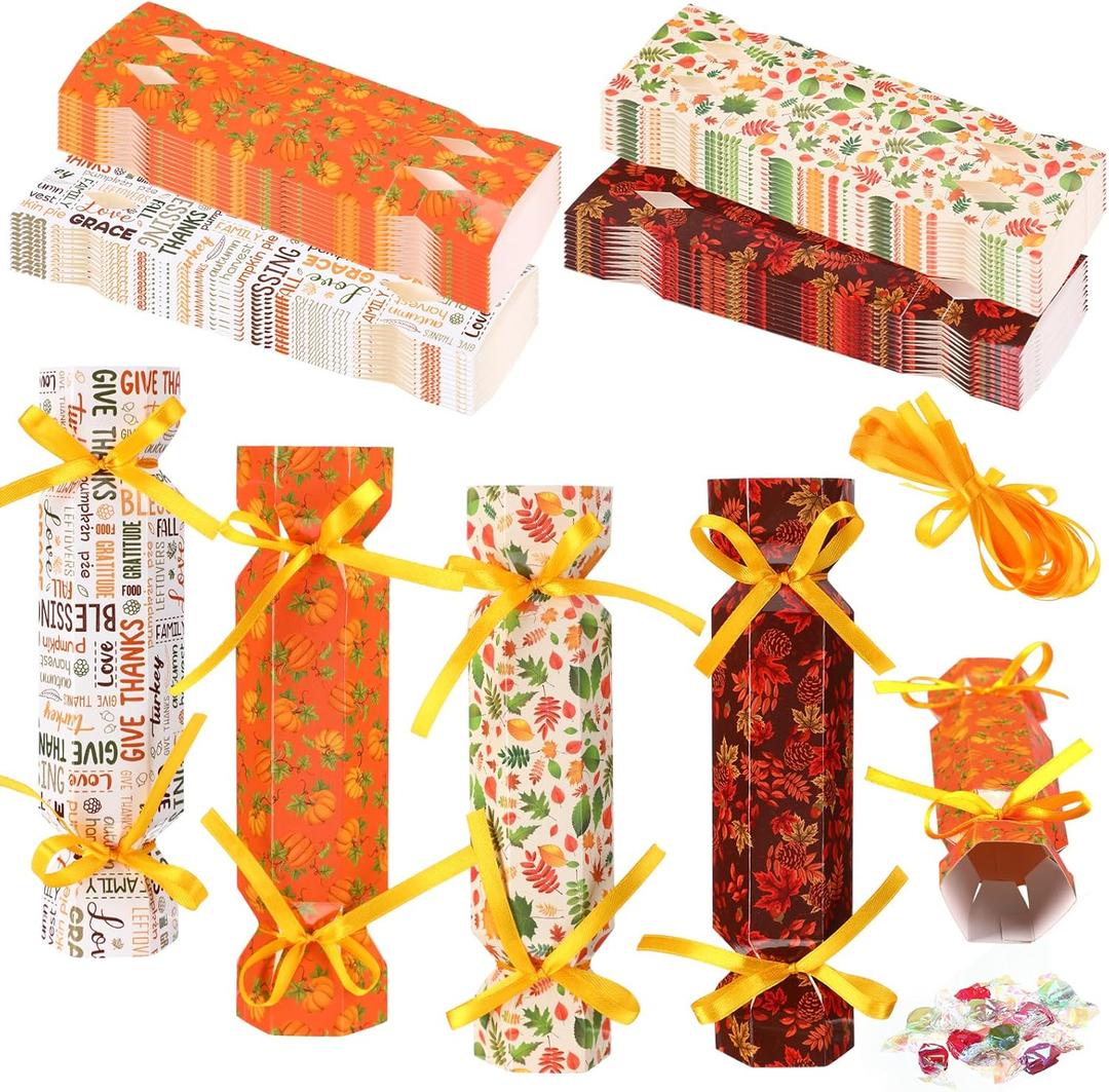 60 Pack Thanksgiving Crackers Kit Party Favors DIY Empty Turkey Cracker Fall Pumpkin Maple Leaf Turkey Fill Your Own Thanksgiving Bulk for Candy Treat Goody Gift Boxes No Snap Table Decor (Orange and Red)