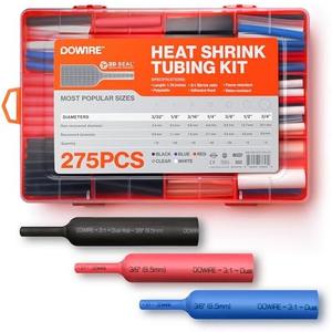 Dowire Heat Shrink Tubing Kit - 3:1 Ratio - Adhesive Lined - Wire Shrink Wrap Tubing - Waterproof Marine Grade Shrink Tube - 275 PCS - Black, Red, Blue, White, Clear