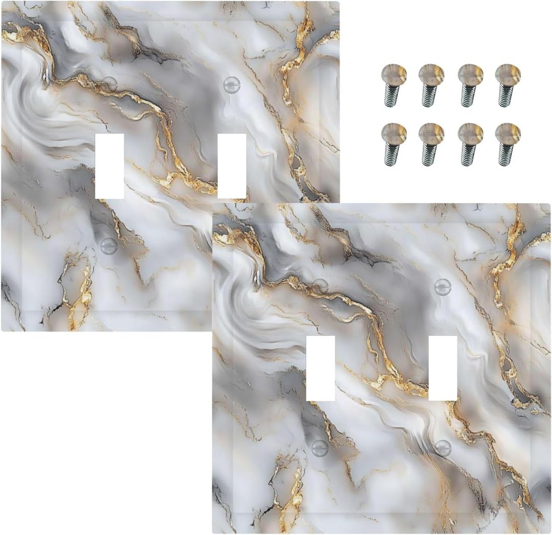 Decorative Light Switch Cover Gray Golden Abstract Marble Luxury 2 Gang Wall Plates Double Toggle Switch Plate Electrical Outlet Cover Switch Plate for Bathroom Bedroom Decor2 Pack