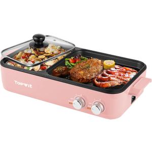 Topwit Hot Pot Electric with Grill, 2 in 1 Indoor Non-stick for Steaks, Shabu Shabu, Noodles, Simmer and Fry, Korean BBQ Grill, Independent Dual Temperature Control, Pink