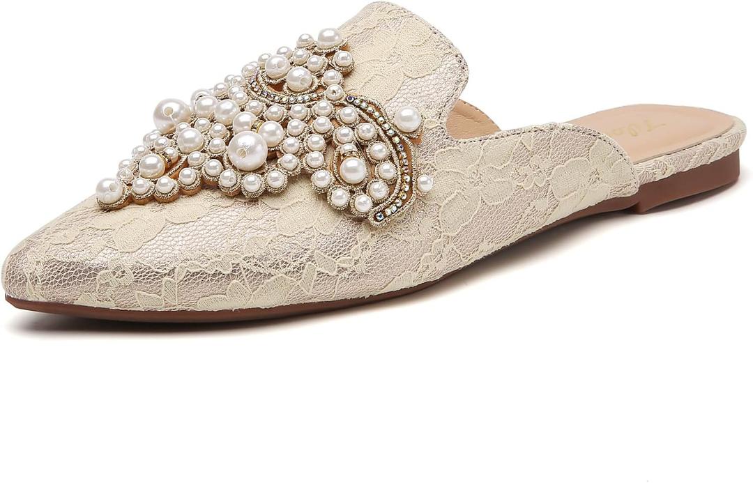Tilocow Pearl Decor Mules for Women Flats Pointed Toe Backless Flat Slip On Slides Women's Mule Shoes (7, Beige Lace)