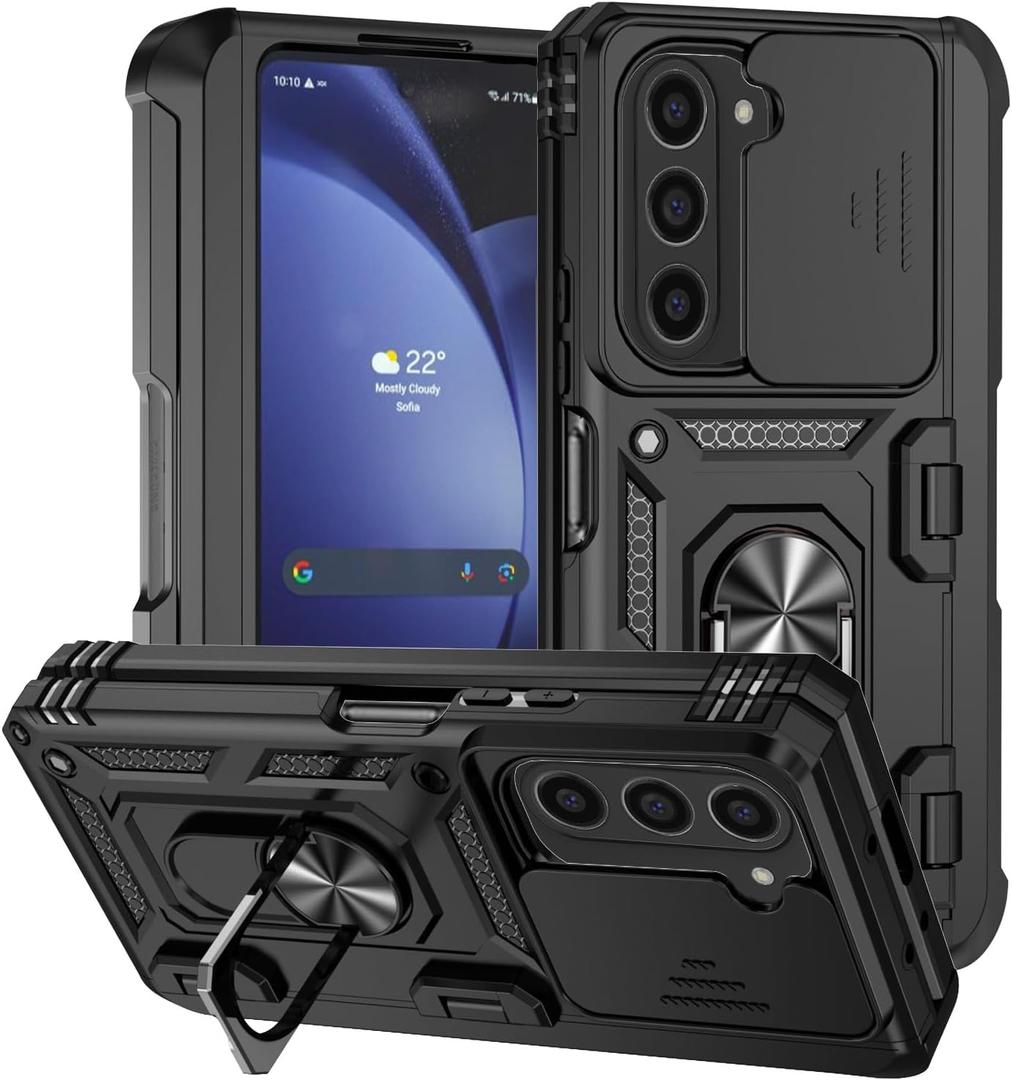Phone Case for Samsung Galaxy Z Fold 6 with S Pen Holder & Hinge Protection for Samsung Z Fold 6 Case with Stand Ring & Slide Camera Cover, Heavy Duty Military Grade Protective (Black)