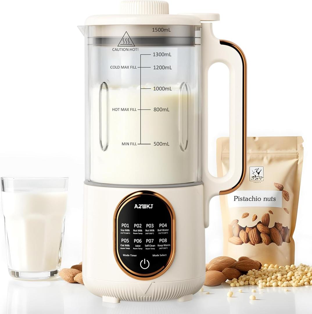44oz Automatic Nut Milk Maker, 8 in 1 Homemade Soy Milk Maker,Almond Milk, Oat Milk, Coconut Milk & More and Nut Milk Machine with Delay Start/Self-Cleaning with Electronic Cookbook (Off-White)