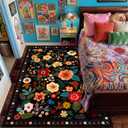 Floral Nursery 3x5 Area Rugs Washable Print Boho Cute Carpet Non Slip Flower Low Pile for Living Room Kids Girls Playroom Bedroom Kitchen Office Farmhouse-Black