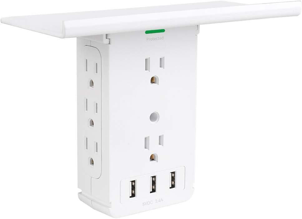 Power Charger Shelf-CFMASTER 11 Port Surge Protector Wall Outlet, 8 Electrical Outlet Extenders and 3 USB Ports 3.4A, with Removable Built-in Shelf and LED Indicator, FCC Listed, White