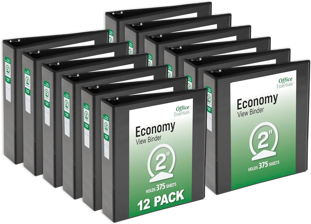 Office Essentials Economy View 3 Ring Binders, 2" Round Rings, 2.8" Spine, 375-Sheet Capacity, Black Binders (12-Pack of 03429)
