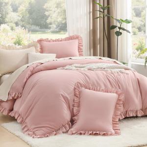 Litanika Twin Size Comforter Sets, 2 Pieces Blush Pink Ruffle Girls Women Cute Bedding Comforters & Sets, Lightweight Fluffy Microfiber as Gift (66x90In Comforter & 1 Pillowcase)