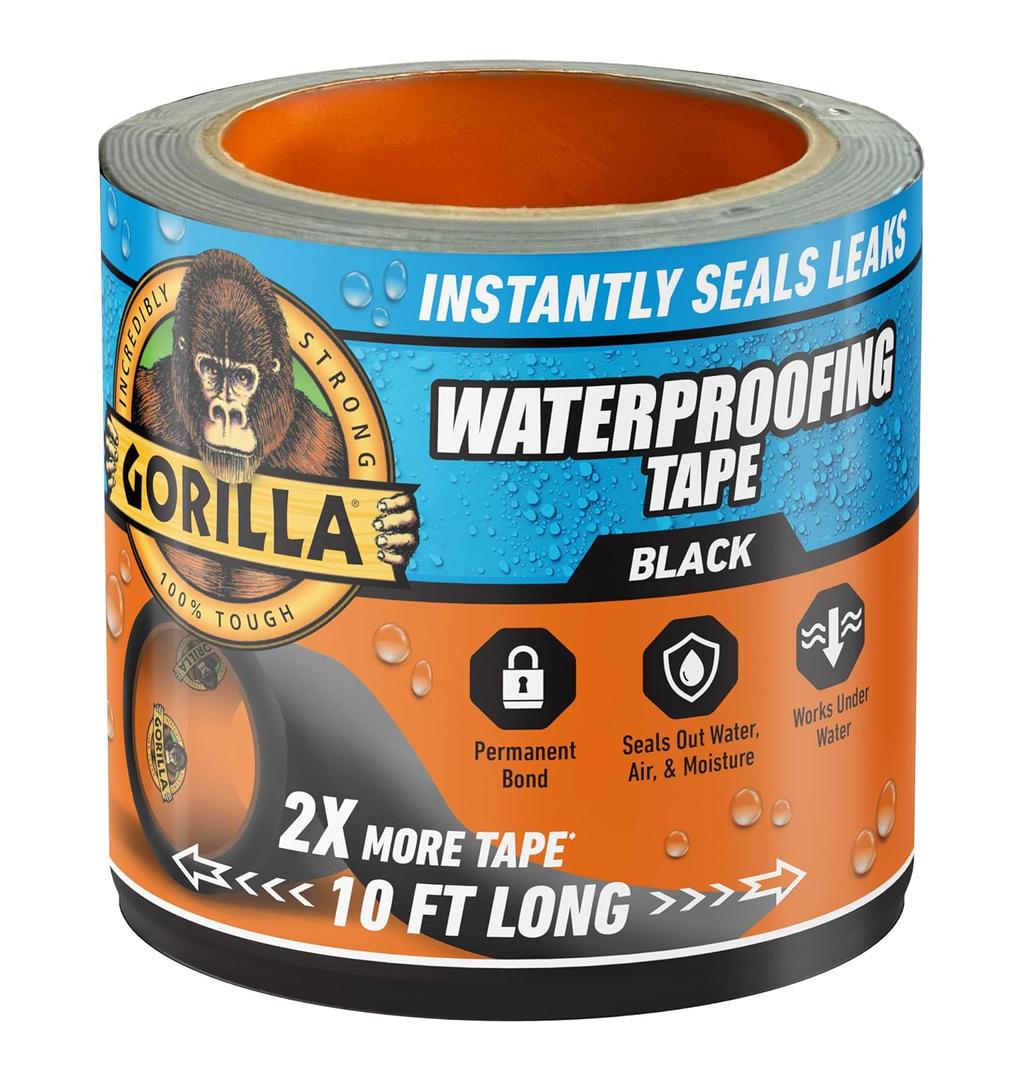 Gorilla Waterproof Patch & Seal Tape, Black Tape, 4" x 10' (Pack of 1) - Permanent Weather Resistant Seal for Leaks and Repairs