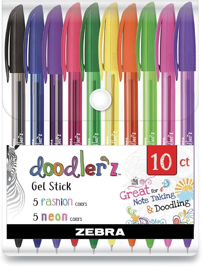 Zebra Pen Doodlerz Gel Stick Pen, Bold Point, 1.0mm, Assorted Glitter Colors, 10 Pack