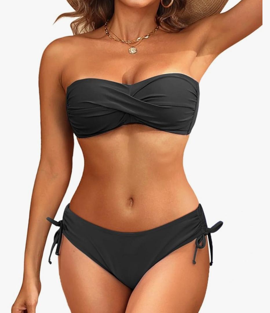 Women's Strapless Bandeau Bikini Set - Twist Front Two Piece Swimsuit Top with Side Tie Bathing Suit Bottom, S