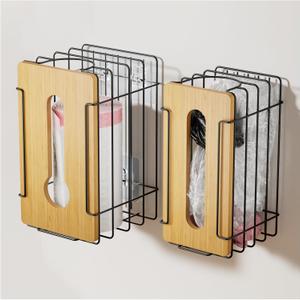 2 Pack Grocery Bag Holder, Wall Mount Bag Holder for Plastic Bags for Grocery Shopping Garbage Trash Bag Organizer with Bamboo Top for Kitchen, Pantry, Under Sink and Garage, Black