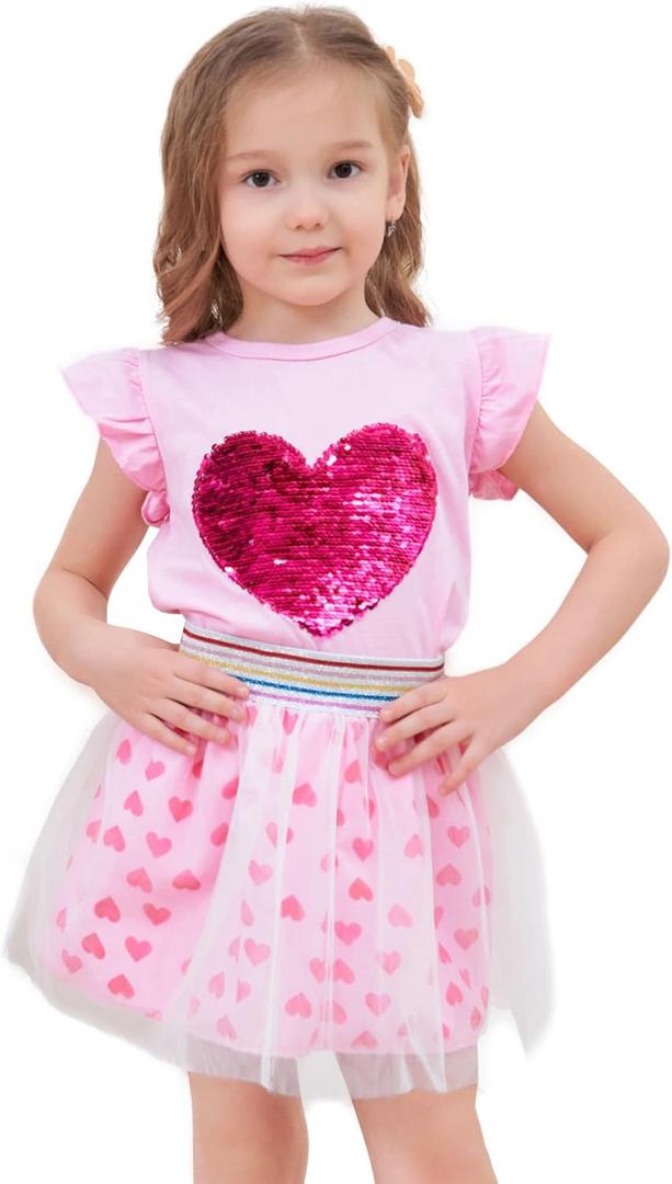RETSUGO Girls Tulle Skirt Set Two Piece Ruffle Sleeve Unicorn T-Shirt Tutu Dress Summer Birthday Party Outfit (6-7 Years)