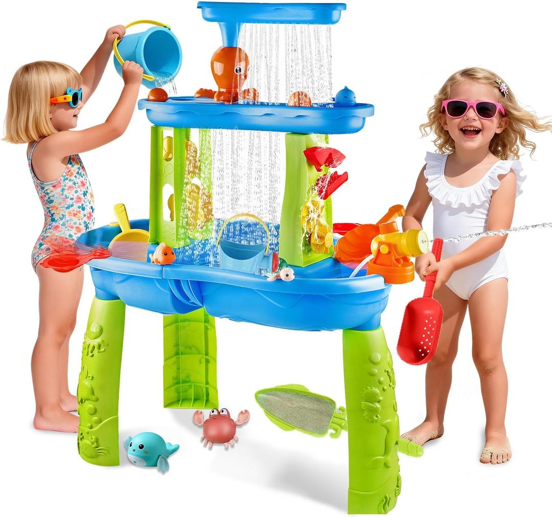 Water Table for Toddlers 1-3, Kids Water Table, 3-Tier Water Tables for Toddlers 3-5 Features Swimming Dolphins & Crabs, Rain Showers Splash Pond, Activity Sensory Play Table for Boys Girls