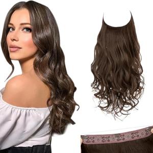 SARLA Invisible Wire Hair Extensions with 3 Clips Long Synthetic Wavy Curly Hairpiece Adjustable Transparent Headband for Women 22 Inch Medium Brown