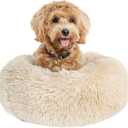 Calming Donut Dogs Beds for Small Dogs Washable,19inch Fluffy Round Puppy Bed for Puppies,Cats & Toy Breeds with Raised Rim,Fits up to 15 lbs Pets,Beige