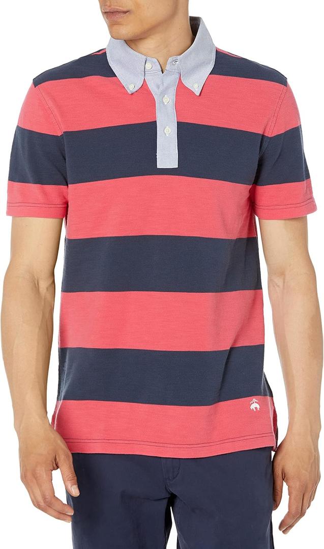 Brooks Brothers Men's Short Sleeve Stripe Rugby Shirt (Large, Red/Navy)