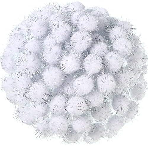 Shappy 500 Pieces Christmas Glitter Pompoms 1 Inch Fuzzy Pom Poms Arts Crafts Making Balls for Hobby Supplies Craft DIY Party Decoration (White)