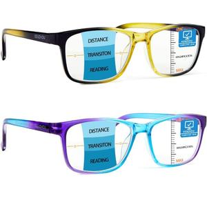 K KENZHOU Progressive Multifocus Wide Square Frame Reading Glasses Blue Light Blocking for Women Men with Spring Hinge, Magnification Strength: 3.5 x