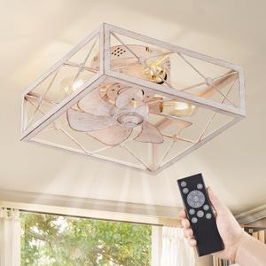 LEDIARY Caged Low Profile Ceiling Fans with Lights and Remote, White Square Flush Mount Ceiling Fan, 6 Speed and Reversible, Small Farmhouse Bladeless Ceiling Fan for Bedroom, Kitchen, Dining Room (White Brushed Gold)