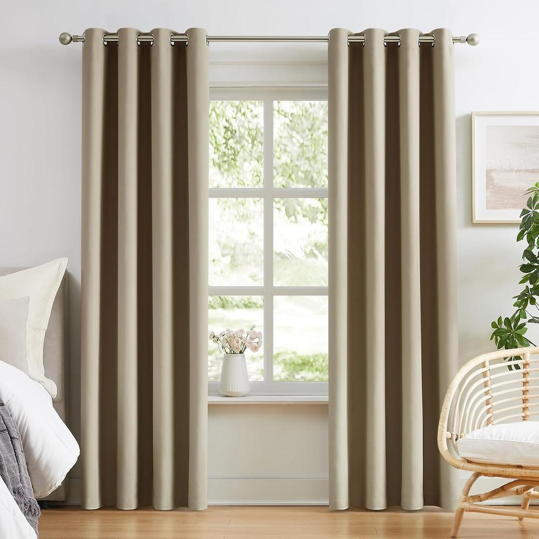 Melodieux Blackout Curtains for Bedroom Cotton Curtains 96 inch Length 2 Panels Set Grommet Window Curtains for Living Room Thermal Insulated 100% Blackout Drapes (Biscotti Beige, 42 x 96 Inch)
