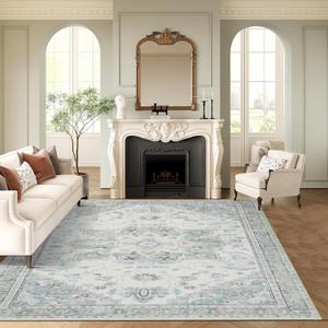 8x10 Soft Washable Area Rugs for Living Room and Bedroom, Non-Slip Stain Resistant Indoor Carpet, Cozy Floor Mat for Dining Room, Office, Under TableStain Resistant Green Floral
