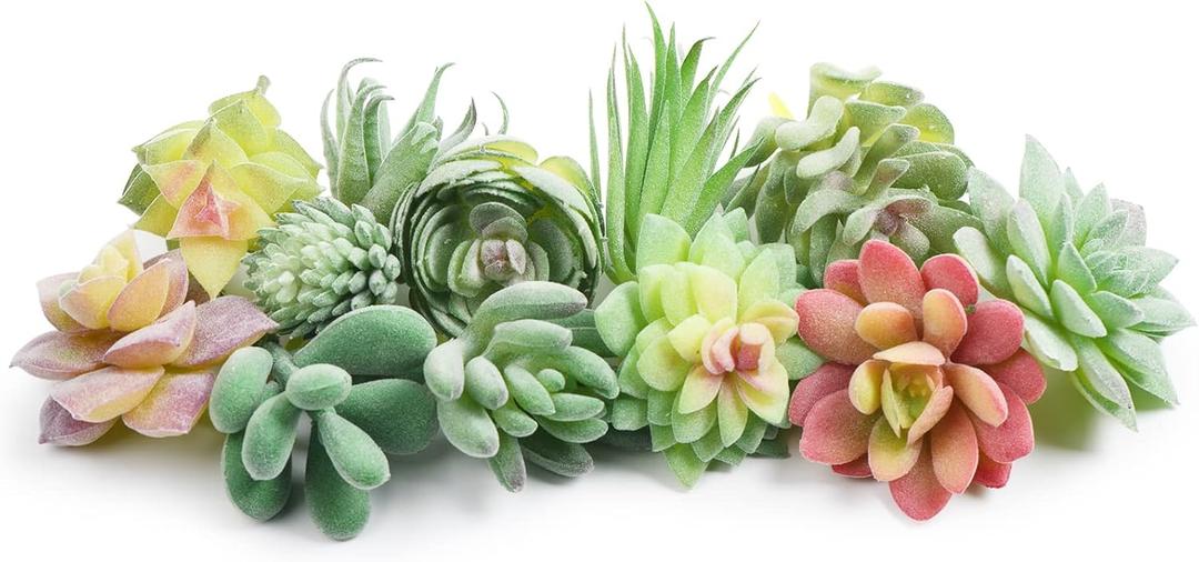 HappyHapi 12 Pcs Artificial Succulents Mini Fake Plants Unpotted Faux Succulent for Craft, Small Plastic Succulents Assortment in Flocked Green Floral Decor for Party, Cake, Garden & Outdoor