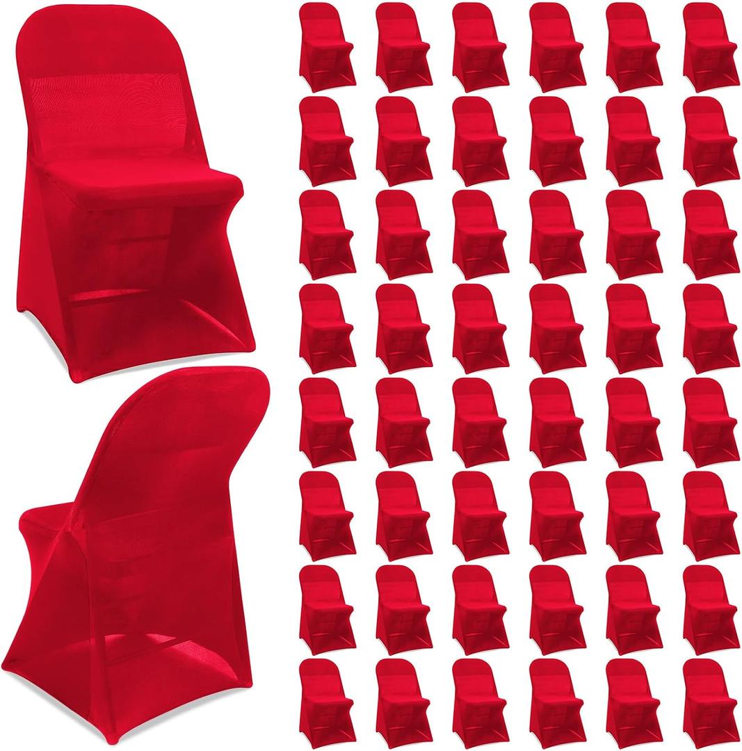 Newwiee 50 Pcs Spandex Chair Covers Bulk - Stretch Folding Flat Front Fitted Universal Chair Protector Pack Removable Washable for Wedding Party Dining Banquet Event (Red)