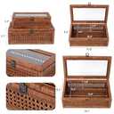 Rattan and Cane Stacking Boxes with Glass Top Lid - Set of 2 11.8" and 14.1", for Boho and Rustic Farmhouse Decor, Brown