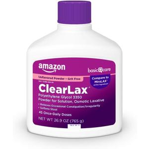 Amazon Basic Care ClearLax Polyethylene Glycol 3350 Powder for Solution, Osmotic Laxative, Relieves Occasional Constipation, Unflavored, 1.68 pound (Pack of 1)