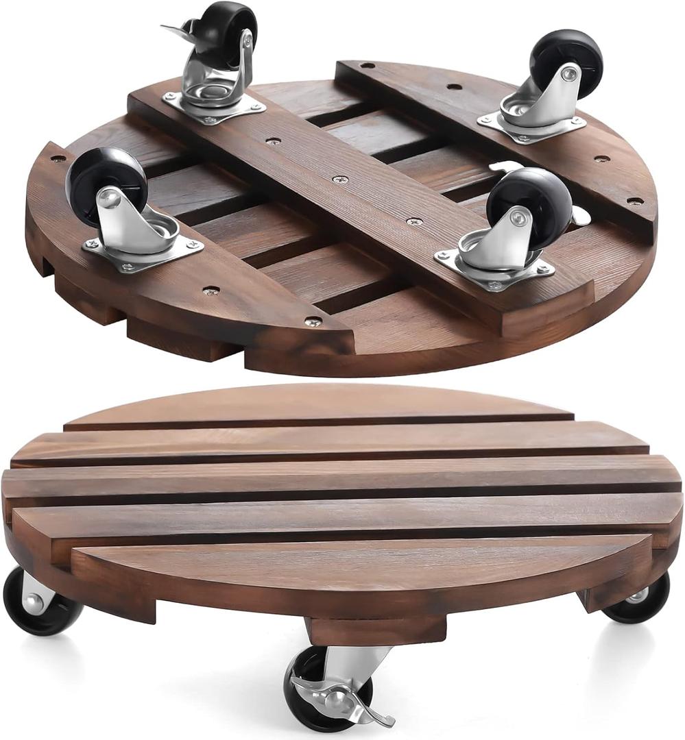 1pack 12" Plant Caddy Plant Stand with Wheels Rolling Plant Stand Heavy Duty Wooden Round Plant Dolly Rollers with Metal Lockable Casters Indoor Outdoor Pot Plant Roller Base Caddies,Patio,Flower Pot