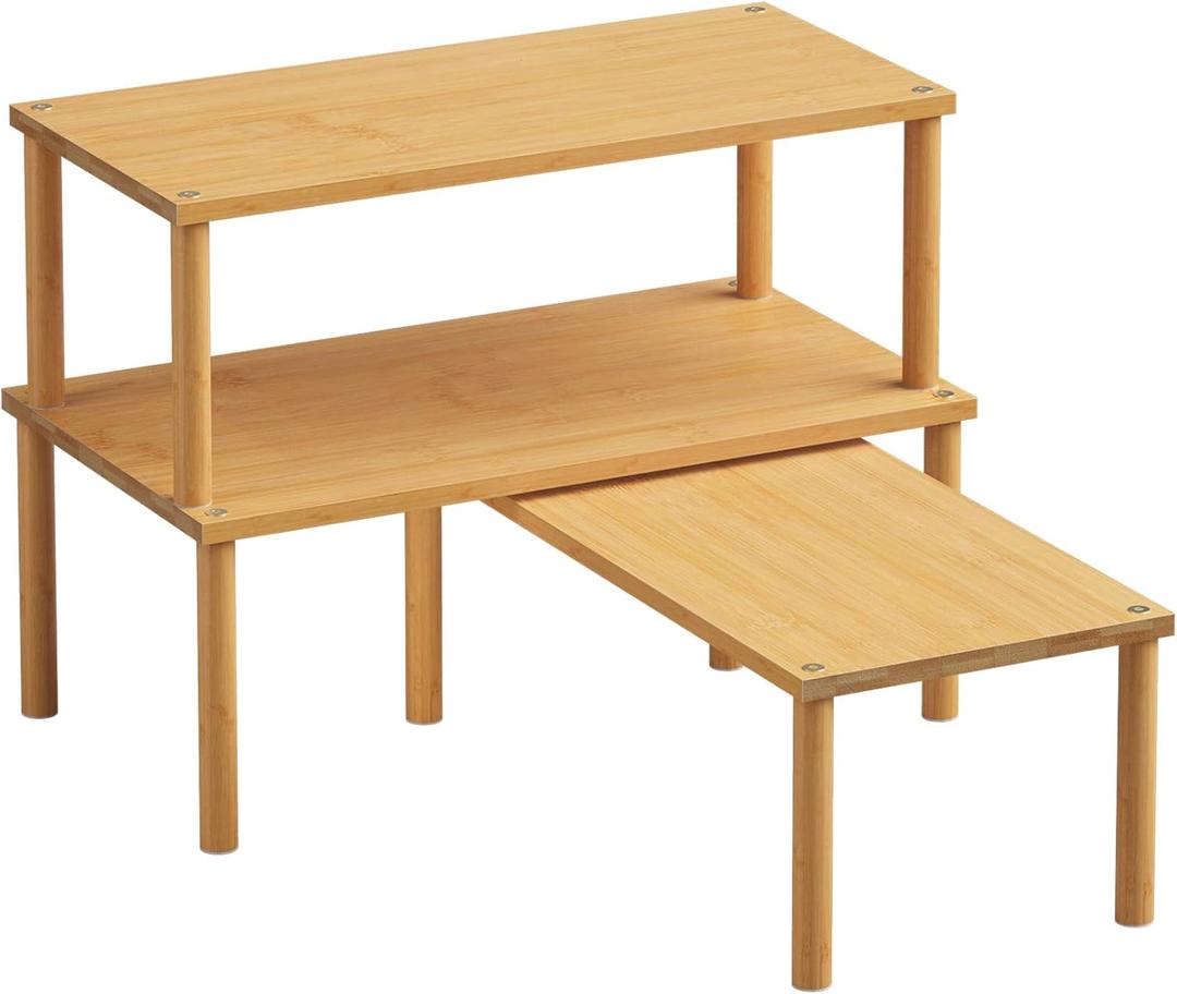 Cabinet Organizer Shelf(Set of 3),Bamboo Kitchen Counter Shelves for Countertop and Cabinet,Stackable Shelf Spice Racks,Large (Natural)