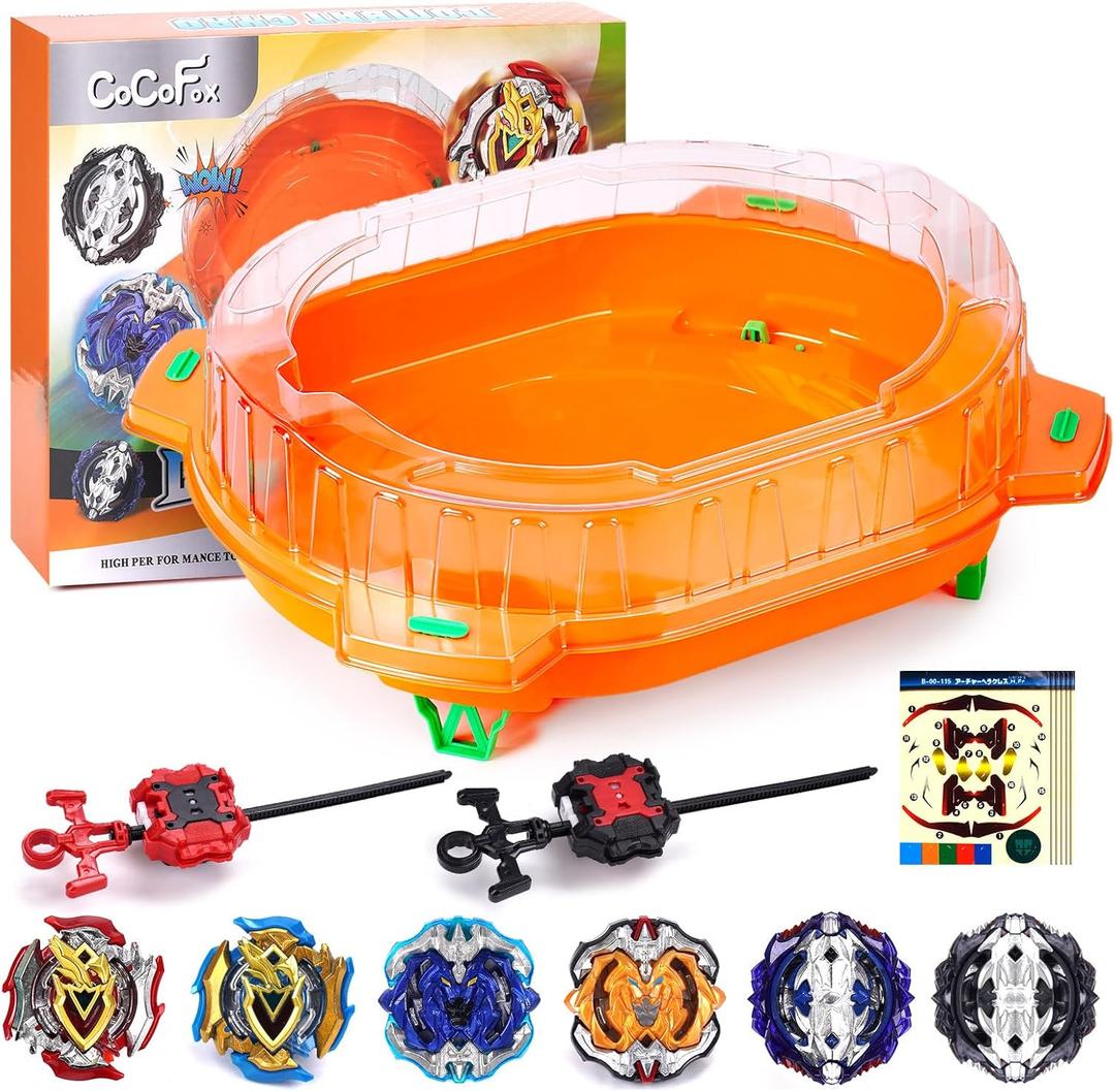 COCOFOX Battling Top Burst Toy Set, 6 Battling Tops 2 Launchers and 1 Stadium, Toys for 6 Year Old Boys & Girls & Up Orange