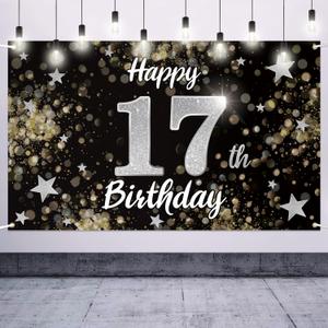 Happy 17th Birthday Decorations,17th Black & Silver Dream Star Large Birthday Banner Backdrop Sign - Cheers to Seventeen Years Old Bday Party Decoration.