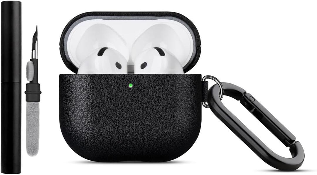 LOPIE Handmade Case for AirPods 4 / AirPods 4 with Active Noise Cancellation Leather Case Clip & Cleaner Kit, Fully-Wrapped with Top Grain Leather, Protective Hard Cover for Gen 4 Air Pods - Black
