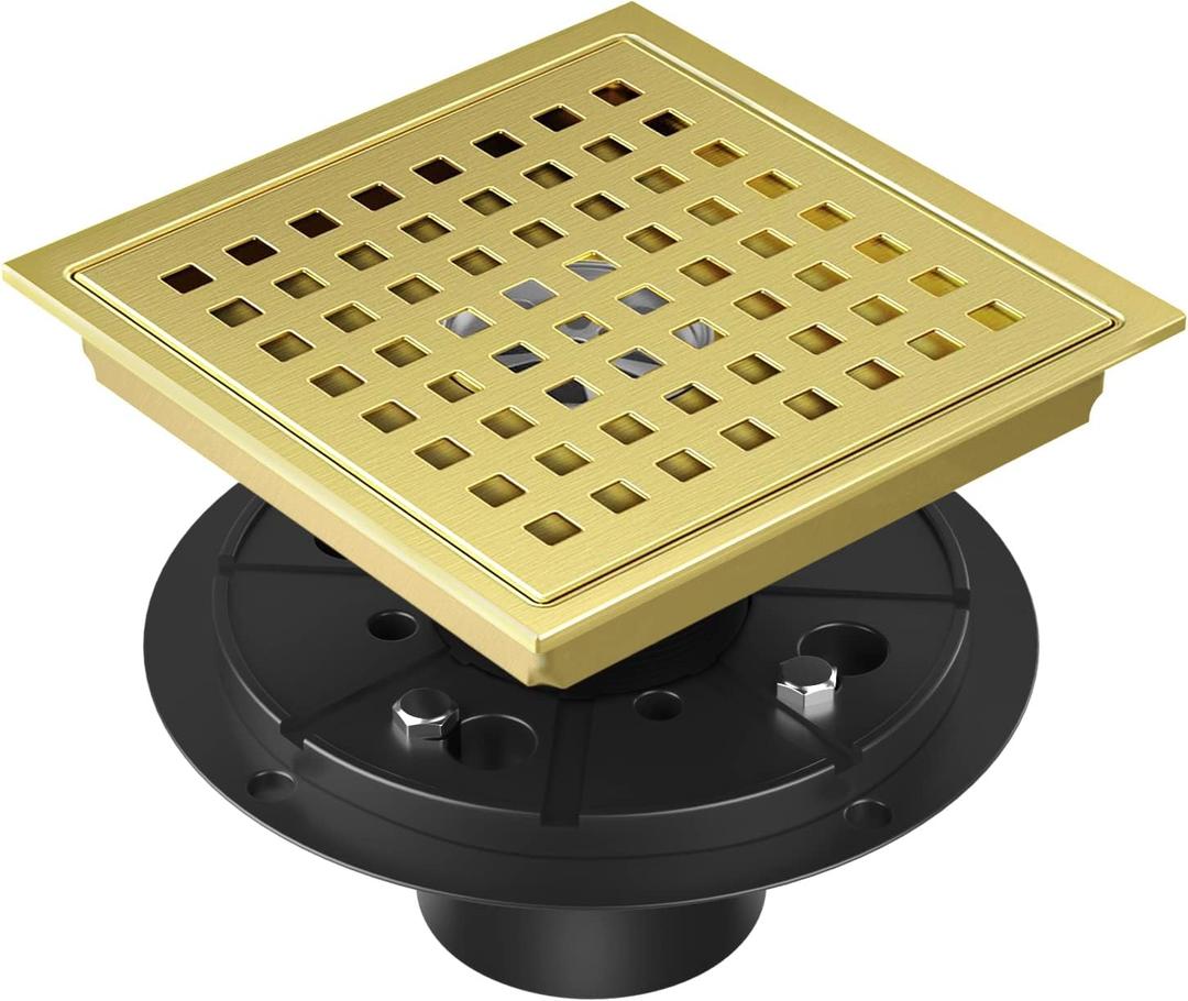 EXF Shower Drain 6 Inch Brushed Gold, Stainless Steel Square Shower Floor Drain Kit with ABS Flange, Removable Cover Grid Grate, Hair Strainer