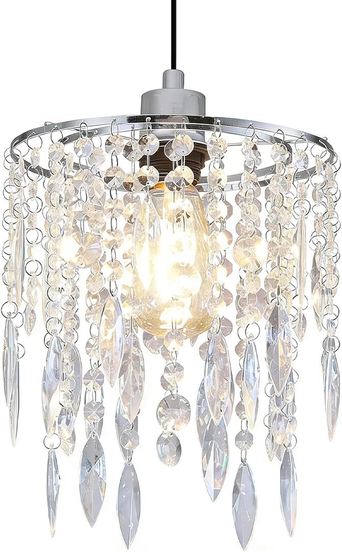D9.8 Inch Crystal Hanging Lamp Plug in Pendant Light with 16.4ft Cord Hanging Lights with Plug in Cord Mini Chandelier for Bedroom Kitchen Island Nursery Room Dining Room Living Room, E26 (Chrome)