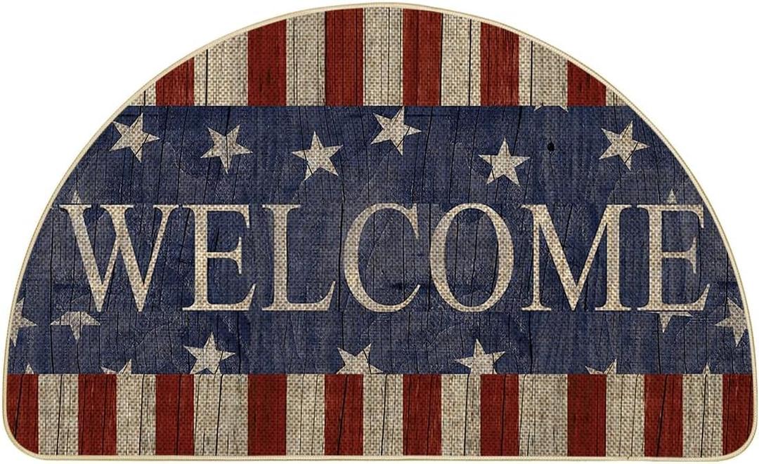 Artoid Mode Stripes Stars Welcome 4TH of July Semicircular Doormat, Patriotic Memorial Day Home Decor Low-Profile Switch Rug Door Mat Floor Mat for Indoor Outdoor 17x29 Inch