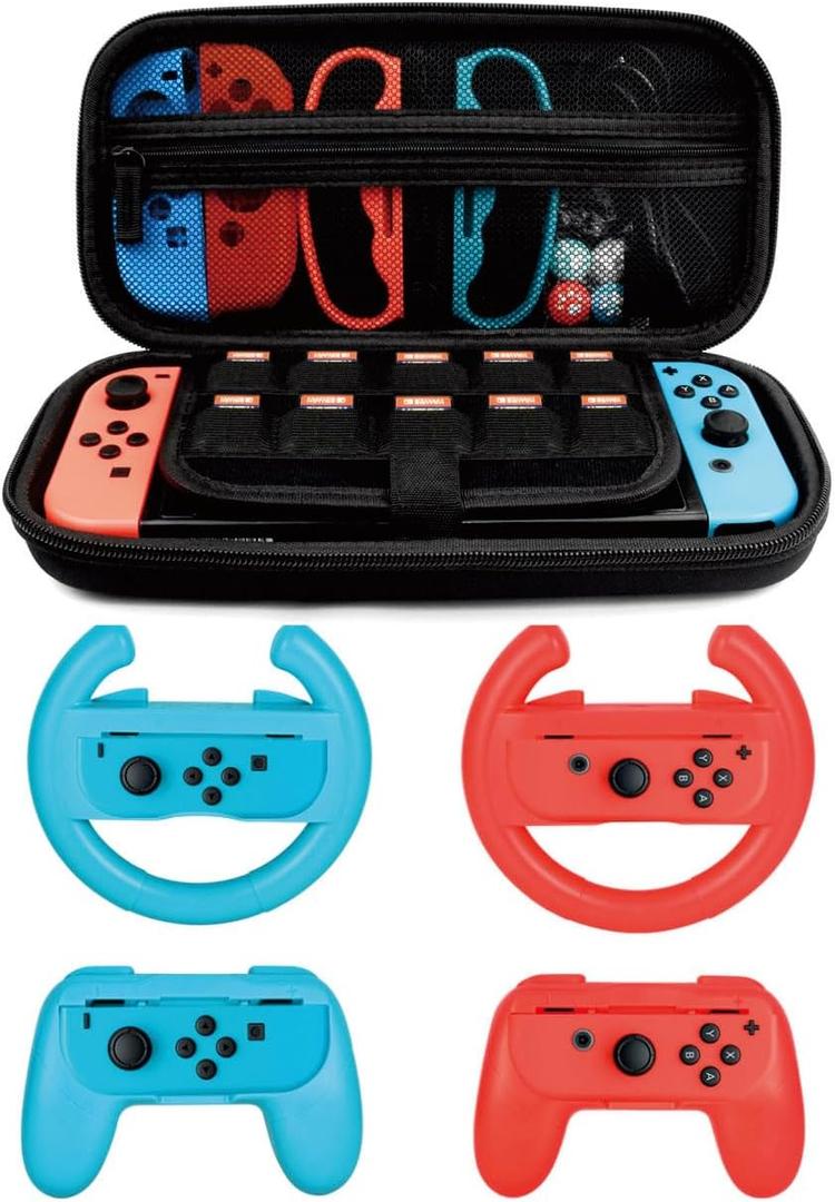 Accessories Kit for Nintendo Switch Games Starter, 2x Steering Wheel, 2x Grip Kit, 1x Travel Carry Case(5 in 1 Red/Blue)