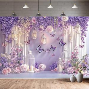 10X8ft Purple Butterfly Floral Backdrop for Photography Butterfly Flowers Theme Girls Party Decorations Background Wedding Birthday Baby Shower Party Cake Table Decor Photo Booth Props (Multi)