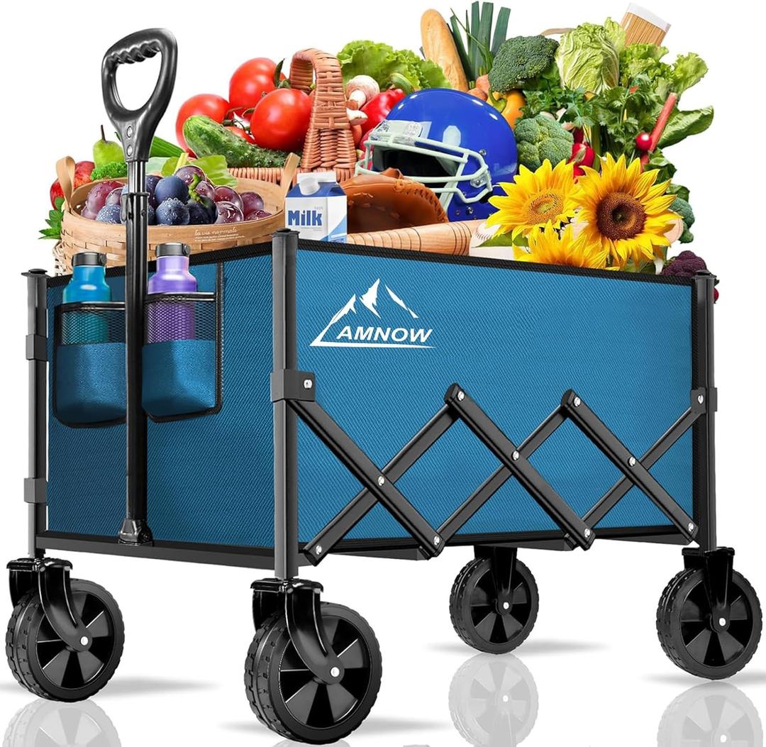 Collapsible Folding Wagon Cart, 350LBS Utility Large Capacity Cart Foldable Wagon with All Terrain Wheels, Grocery Wagons Carts for Garden Shopping Sports Camping, Blue (100L)