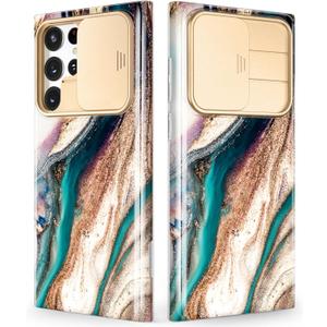 GVIEWIN Designed for Samsung Galaxy S22 Ultra Case with Slide Camera Cover, [Military Grade Drop Protection] Marble Slim Fit Shockproof Protective Phone Case for S22 Ultra 5G 6.8" 2022(Drift Sand)
