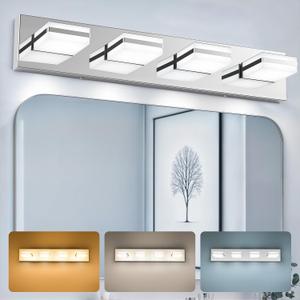 VONLUCE Bathroom Vanity Light Fixture, 4-Light Modern LED Vanity Light, 3CCT Adjustable Bathroom Lights with Memory Function Rotatable Shades, 26" Wall Lighting Fixture Over Mirror, Chrome