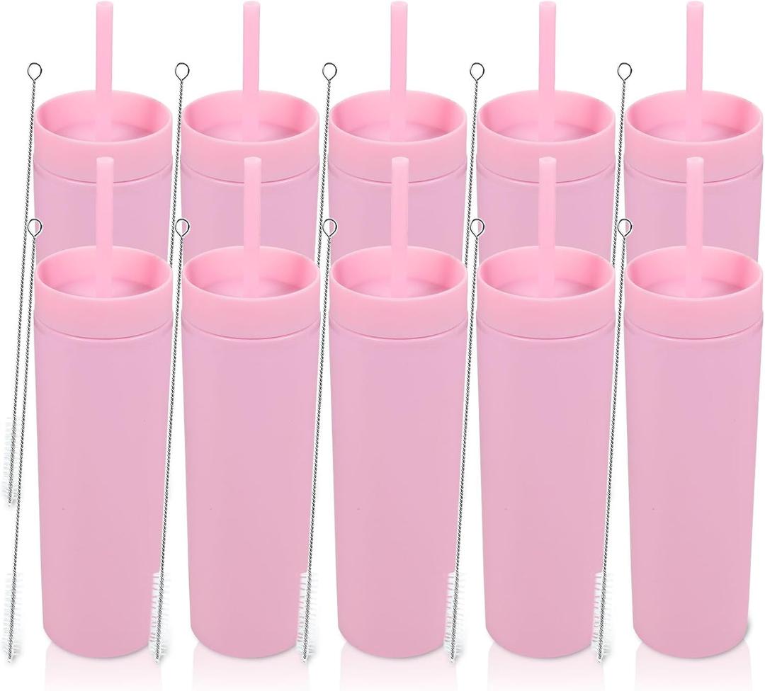 Volhoply 16oz Plastic Skinny Tumbler With Lid and Straw Bulk 10 Pack,Insulated Double Wall BPA Free Matte Acrylic Tumblers,Iced Coffee Travel Mug Reusable Party Cup,Customizable Diy Gifts(Pink,10 Set)