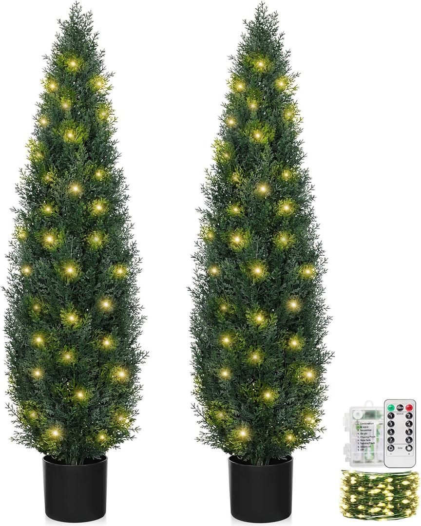 4FT Topiary Trees Artificial Outdoors 2 Pack, Two 4 Foot UV Resistant Faux Cedar Topiary Ball for Outdoor Front Porch Door, Set of 2 Fake Pine Cypress Tree with Led String Light