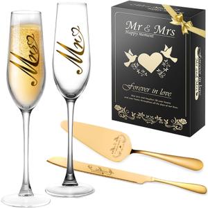 Mr and Mrs Champagne Flutes, Wedding Cake Knife and Server Set, Bride and Groom Champagne Glasses, Cake Cutting Set for Wedding, Bridal Shower Gifts, Engagement Gifts for Couples (Gold, Set of 4)