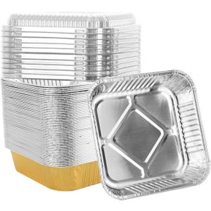 50 Pack 8"x8" Aluminum Pans with Plastic Lids,Disposable Tin Foil Pan For Cooking Baking Cakes Breads Square Food Containers for Heating Roasting Preping Storing,Gold