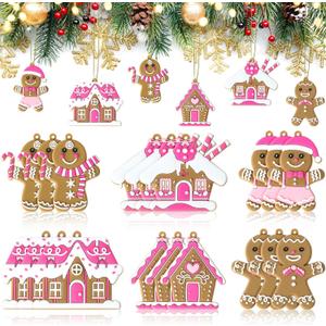 18 Pcs Pink Gingerbread Man Ornaments for Christmas Tree Pink Gingerbread House Candy Cane Pendant Charm Cute Plastic Christmas Decoration Hanging Party Decor for Xmas Winter Party Supplies